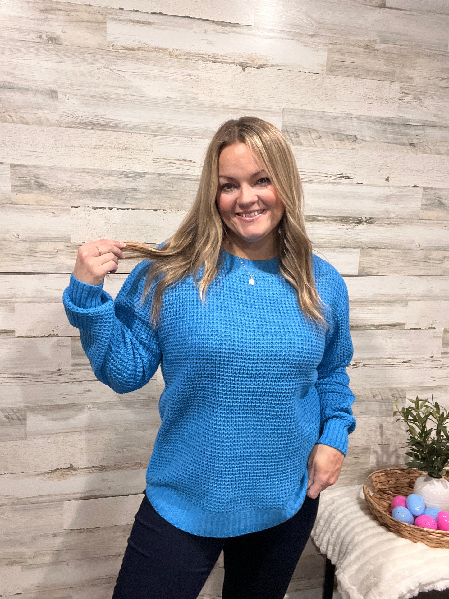 š¤Sky Blue Waffle Knit Sweater