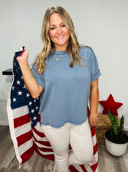 🤍 Dusty Blue Ribbed Elevated Tee