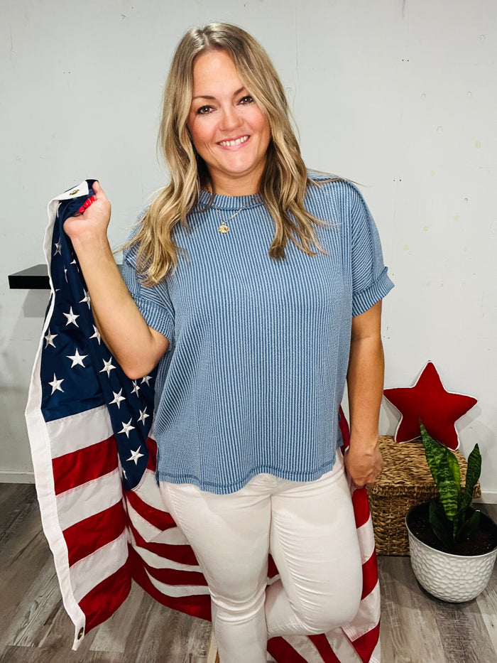 Dusty Blue Ribbed Elevated Tee