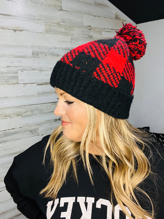 🤍 Red Buffalo Plaid Knit Beanie